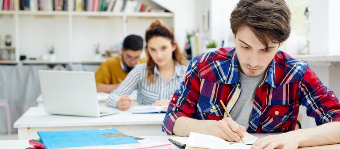 Clever student making notes at lesson