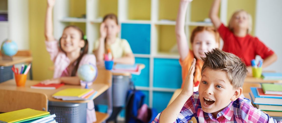 Clever schoolkids raising hands at workplaces during lesson